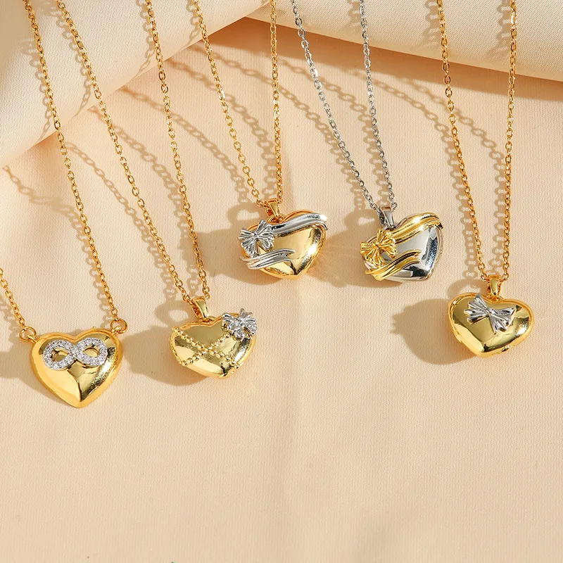 Simple Style Heart Shape Bow Knot Titanium Steel Copper Mixed Metal 18K Gold Plated Women's Pendant Necklace