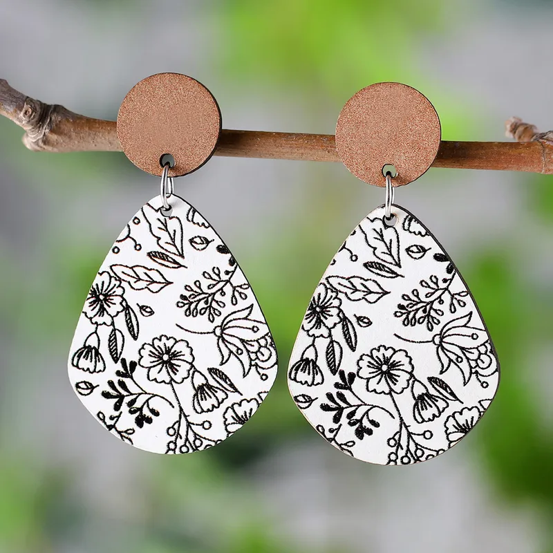 1 Pair Retro Bohemian Printing Wood Drop Earrings