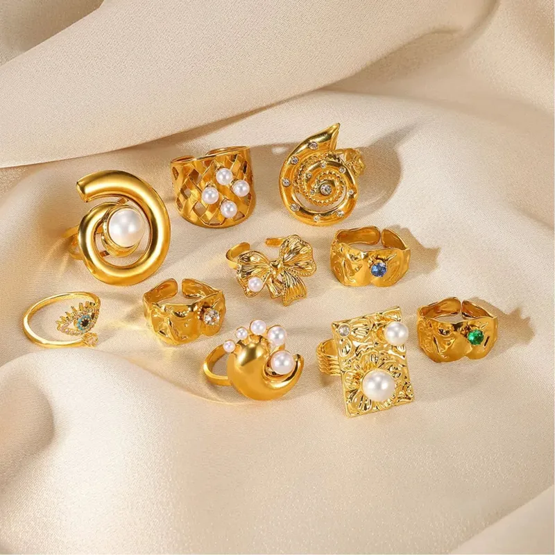 Exaggerated Beach Geometric 304 Stainless Steel Asymmetrical Plating Artificial Pearls Women's Open Rings