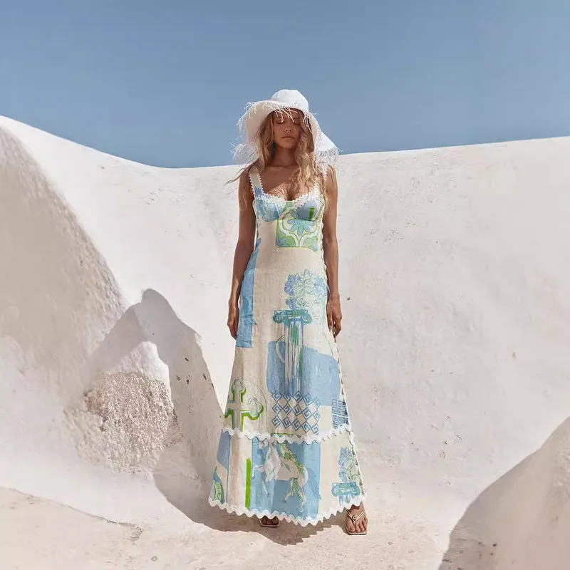 Women's A- Line Skirt Casual Elegant Streetwear Strap Sleeveless Printing Maxi Long Dress Holiday Selfie