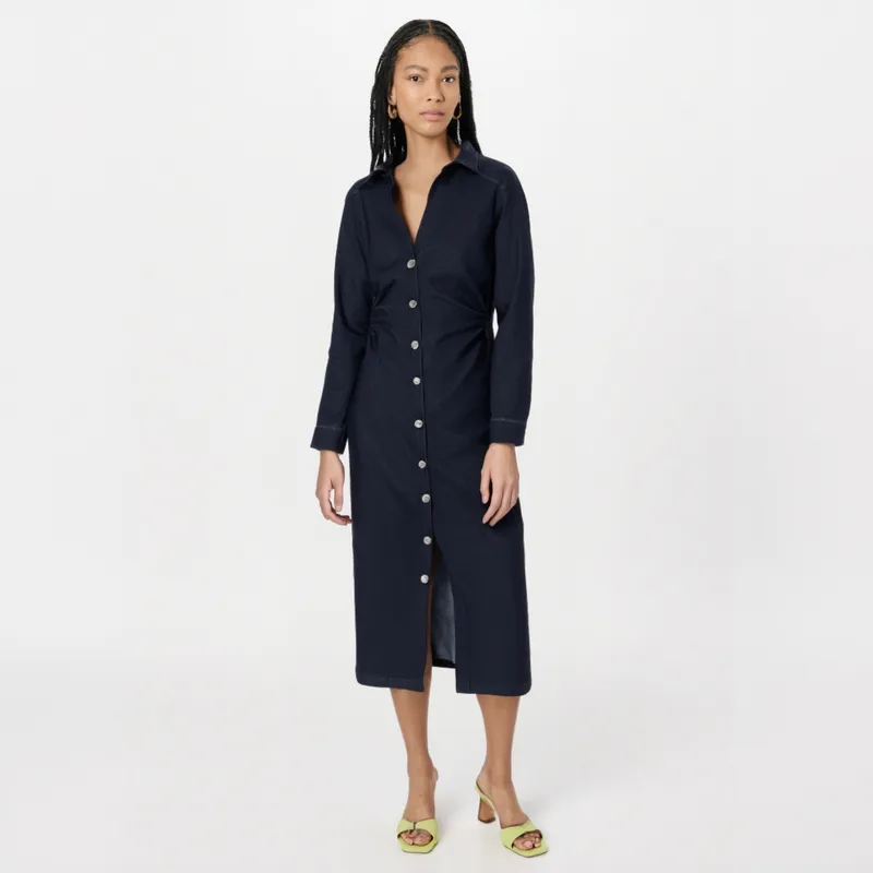 Women's Denim Dress Simple Style Shirt Collar Button Long Sleeve Solid Color Midi Dress Casual Holiday Daily