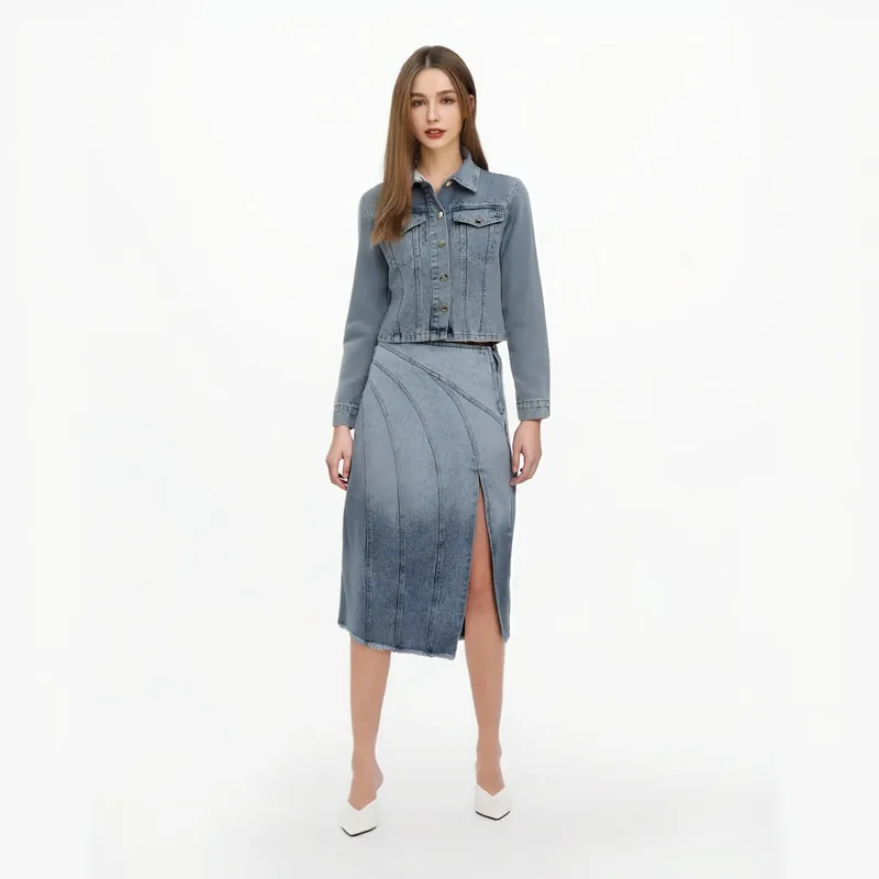 Casual Holiday Daily Women's Simple Style Color Block Denim Slit Skirt Sets Shorts Sets