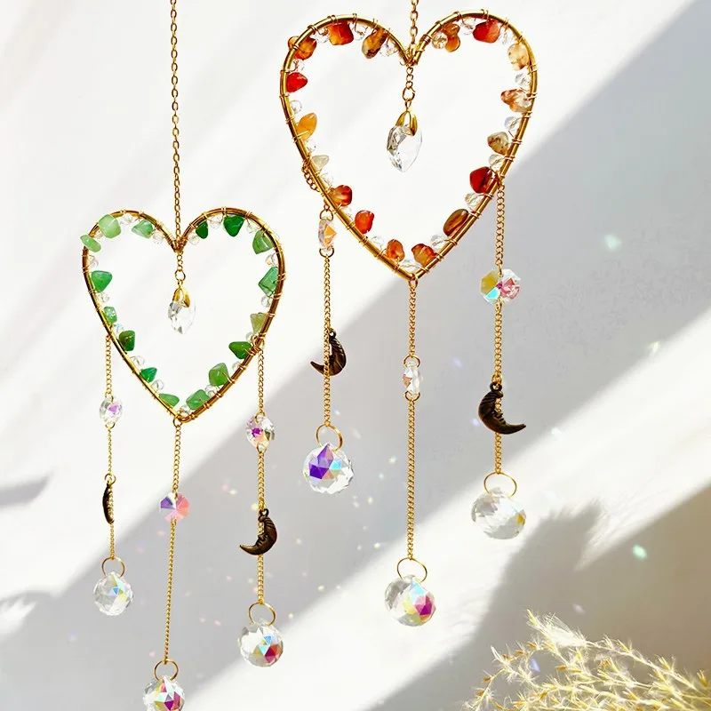 Elegant Romantic Heart Shape K9 Crystal Natural Crystal Iron Wind Chime Wall Art