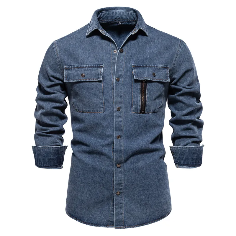 Men's Euro Fit Washed Denim Shirt - Casual Solid Color Cotton Long Sleeve Autumn New Arrival
