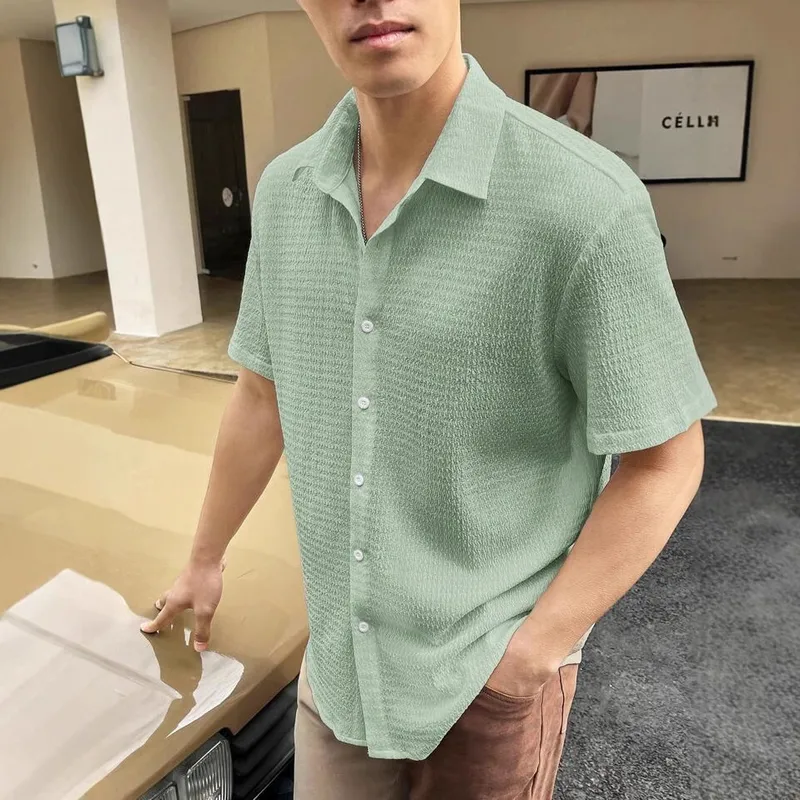 Men's Casual Short Sleeve Shirt With Water Ripple Design For Business & Outdoor Wear - Solid Color