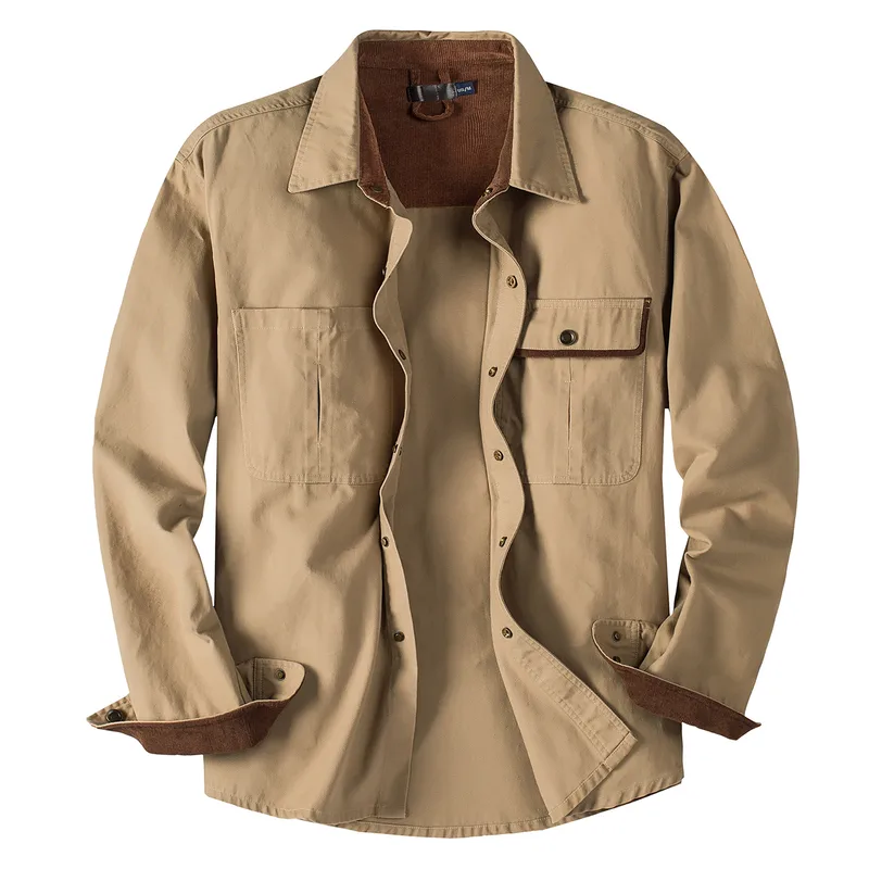Men's Workwear Corduroy Shirt 100% Cotton Relaxed Fit Casual Button - Up With Contrast Collar & Chest Pocket (Big & Tall Sizes)