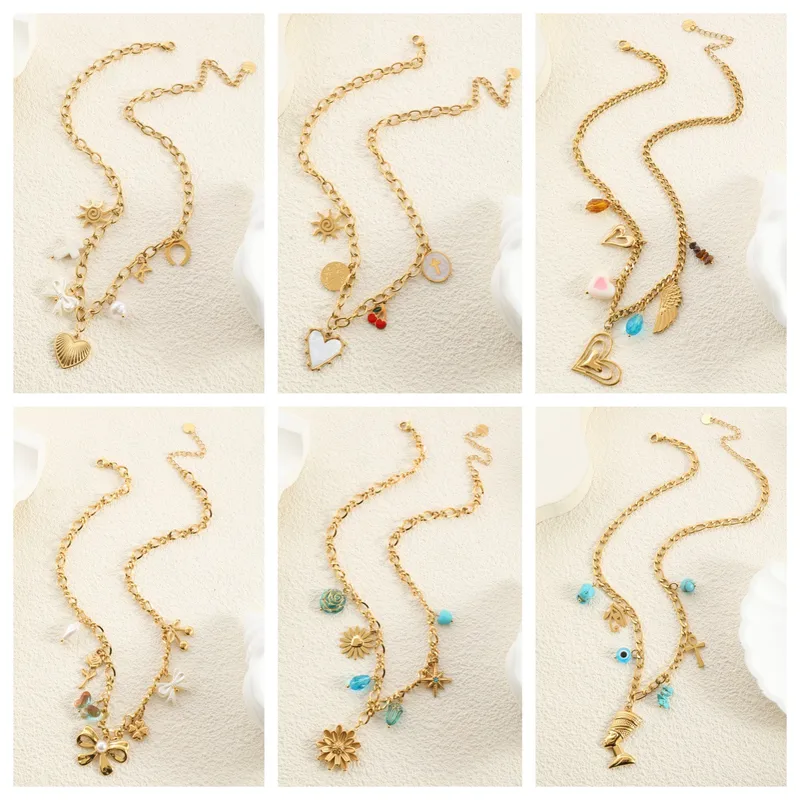 Vacation Beach Modern Style Heart Shape Bow Knot Titanium Steel Women's Multi Charms Necklace
