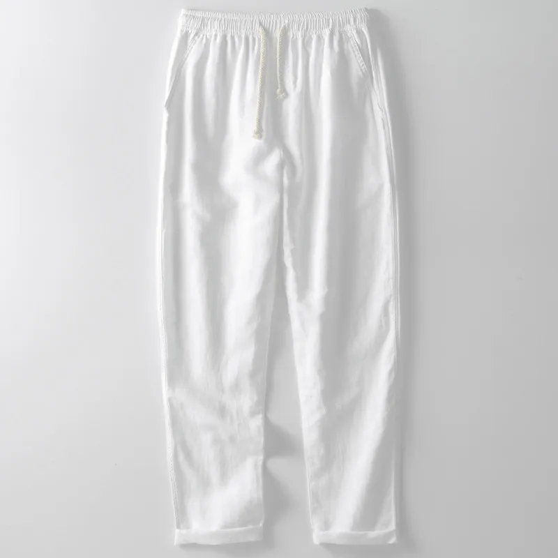 Men's Linen Casual Pants Loose Fit Mid - Rise Elastic Waist Cotton - Linen Blend Trousers For Spring Autumn