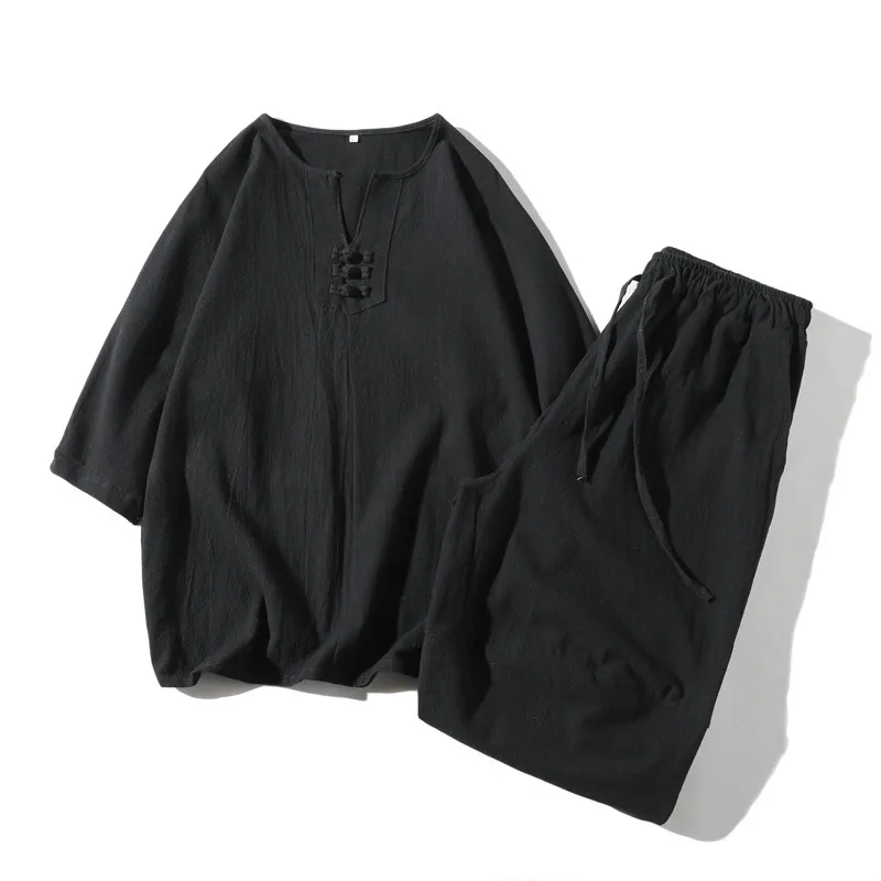 Traditional Chinese Style Men's Linen Blend Casual Two - Piece Set Loose Fit Short Sleeve Tunic & Pants