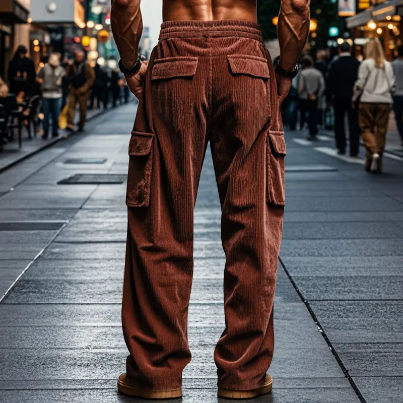 Men's Corduroy Casual Pants Breathable Wide Leg Straight Fit Multiple Pockets Fall Fashion