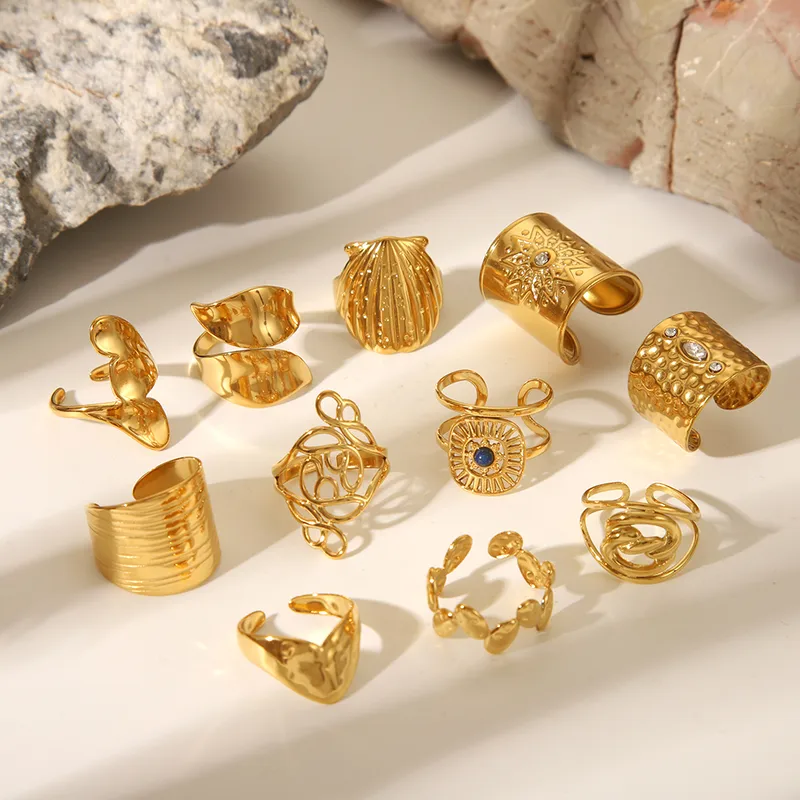 Sexy Tropical Cactus Leaf 304 Stainless Steel Natural Stone 18K Gold Plated Unisex Open Rings