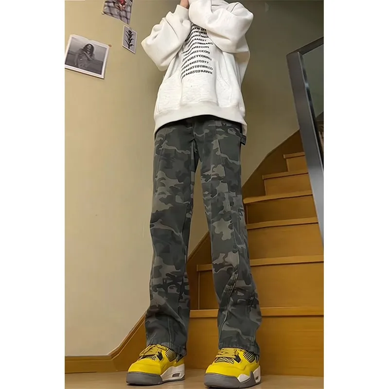 Men's American Retro Camouflage Workwear Jeans - Loose Straight - Leg Streetwear Pants For Casual Urban Style