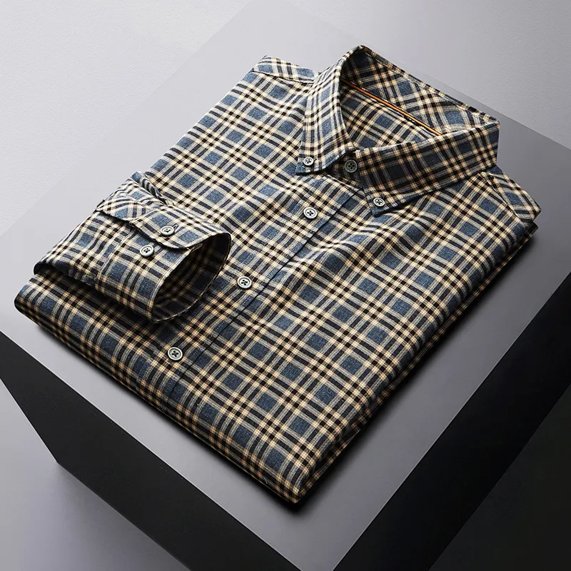 Big & Tall Men's Casual Long Sleeve Shirt, 100% Cotton Loose Fit Checkered Plaid Shirt For Plus Size Gentlemen