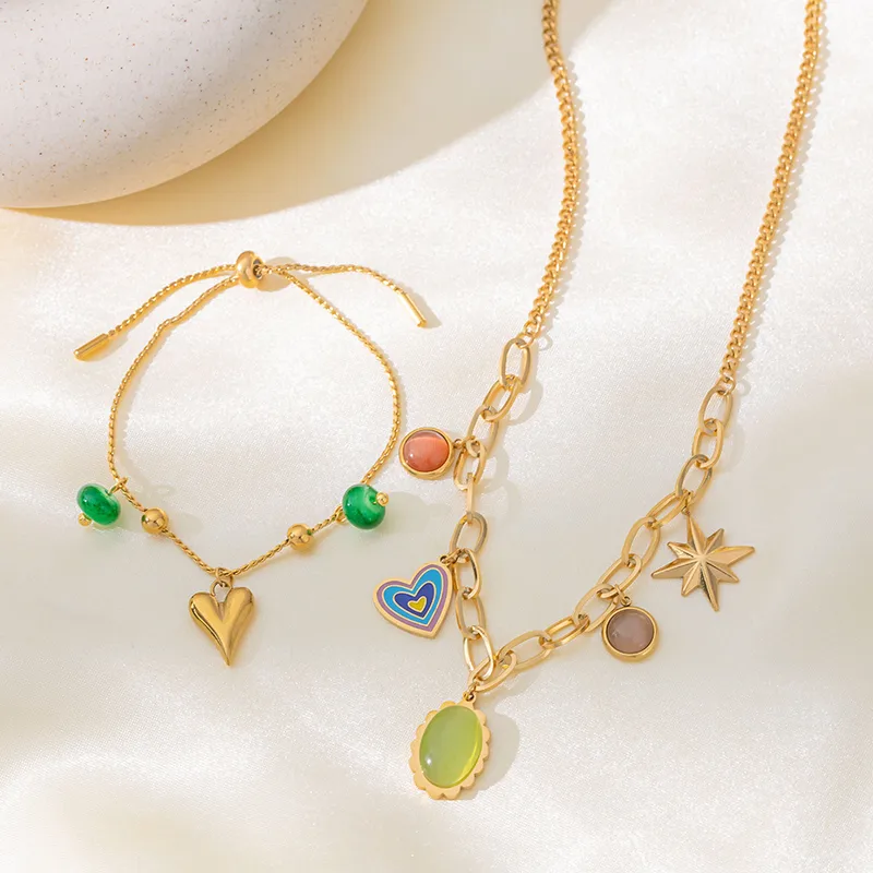 Hawaiian Vacation Commute Heart Shape 304 Stainless Steel Plating Inlay Resin 18K Gold Plated Women's Bracelets Necklace