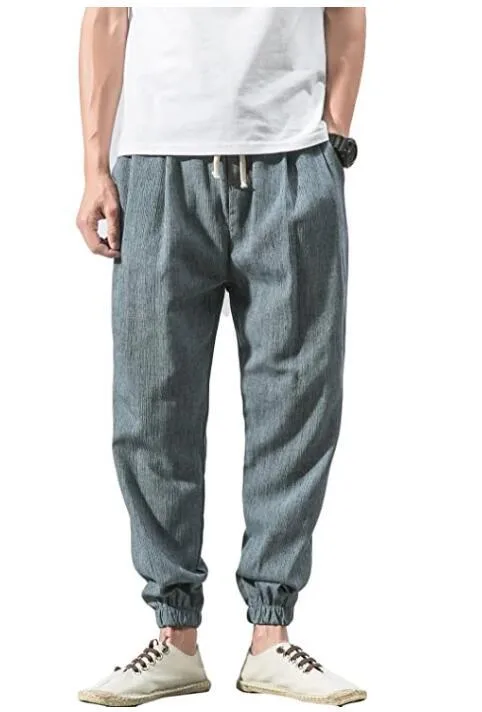 Men's Casual Cotton Linen Drawstring Joggers Breathable Hip-Hop Streetwear Ankle Cuff Sport Pants