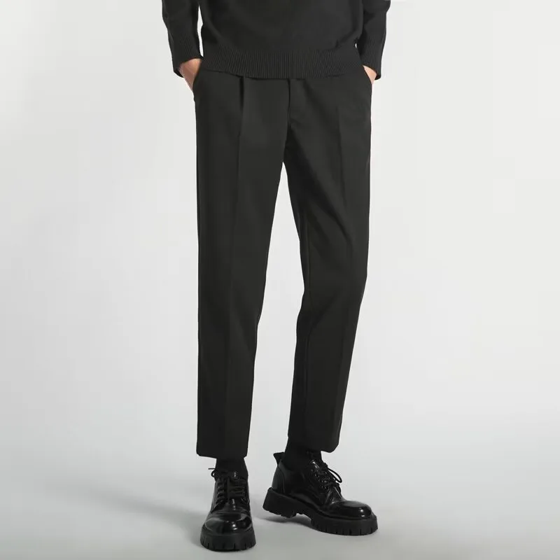 Men's Slim Fit Korean Style Casual Suit Pants - Ankle - Length Trousers With Drape, Autumn Winter Trendy Office & Leisure Chinos