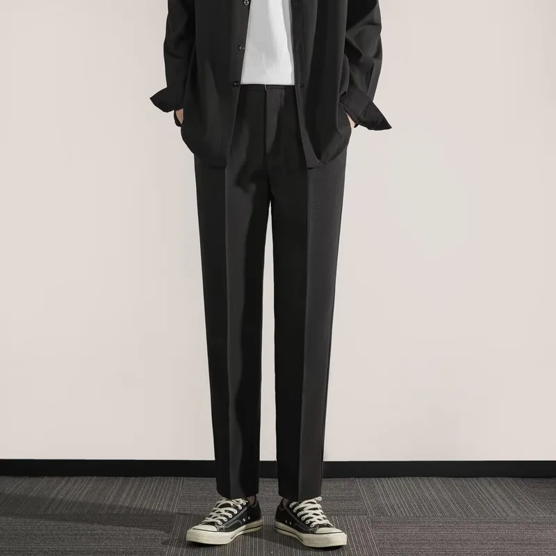 Autumn Winter Men's Slim Fit 9/4 Length Trousers With Flowing Drape, Straight Leg Casual Office Pants, Thick Stretch Chino Bottoms