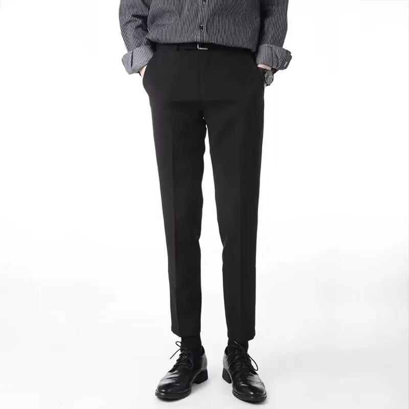 Men's Spring Wool Trousers Slim Fit Straight Leg Ankle - Length Business Casual Premium Wool Suit Pants