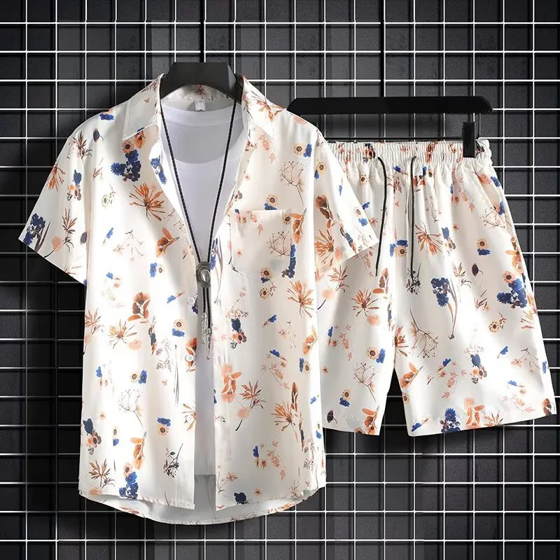 Men's Casual Sportswear Set Summer Short Sleeve Shirt & Mid - Length Shorts Loose Fit Hong Kong Style 2 - Piece Outfit