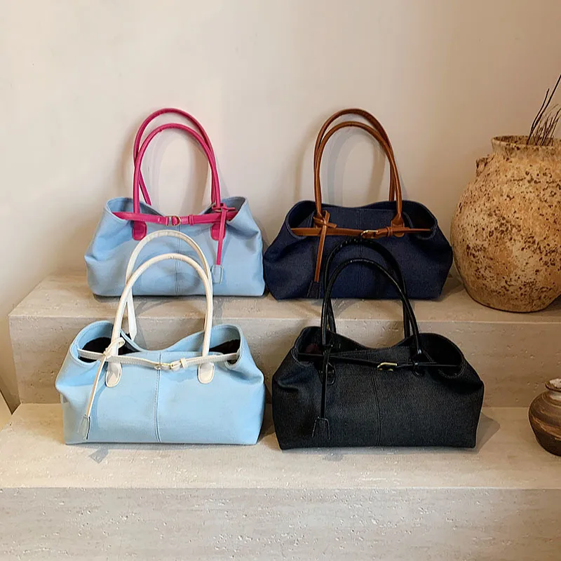 Women's Pu Leather Color Block Streetwear Sewing Thread Square Magnetic Buckle Tote Bag