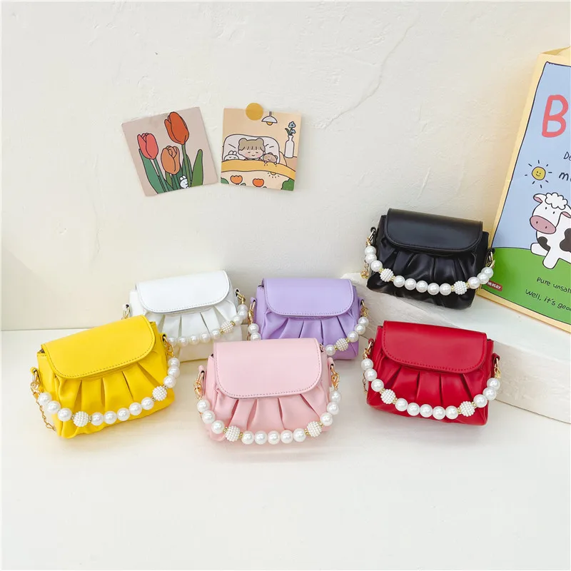 Girl'S Small Pu Leather Solid Color Cute Pearls Square Magnetic Buckle Crossbody Bag
