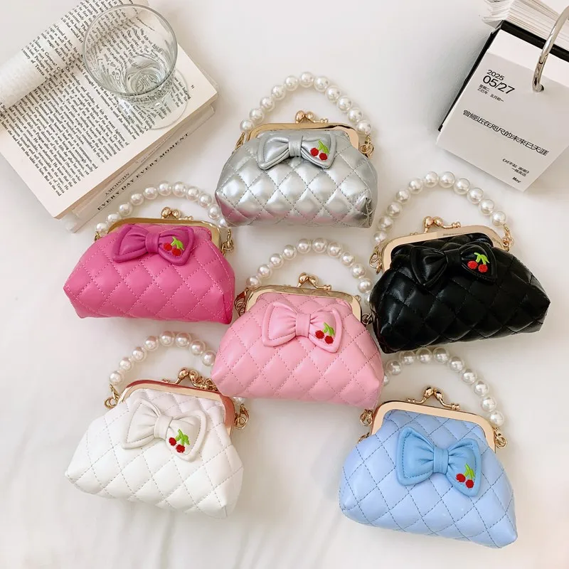 Girl'S Pu Leather Plaid Bow Knot Cute Pearls Square Buckle Crossbody Bag