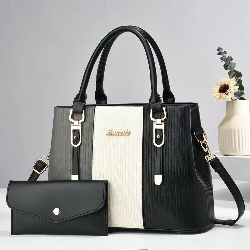 Women's Large Pu Leather Color Block Classic Style Sewing Thread Square Zipper Bag Sets