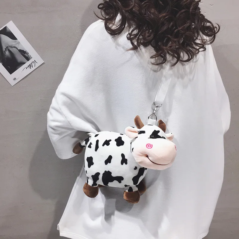 Women's Girl'S Plush Cows Cute Cylindrical Zipper Square Bag