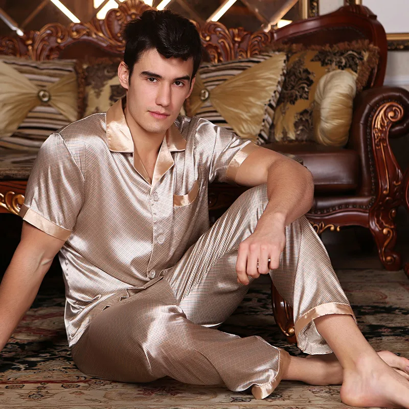 Men's Silk Short - Sleeve Pajama Set – Lightweight Summer Homewear, Breathable Grid Design, Comfortable Lounge Set