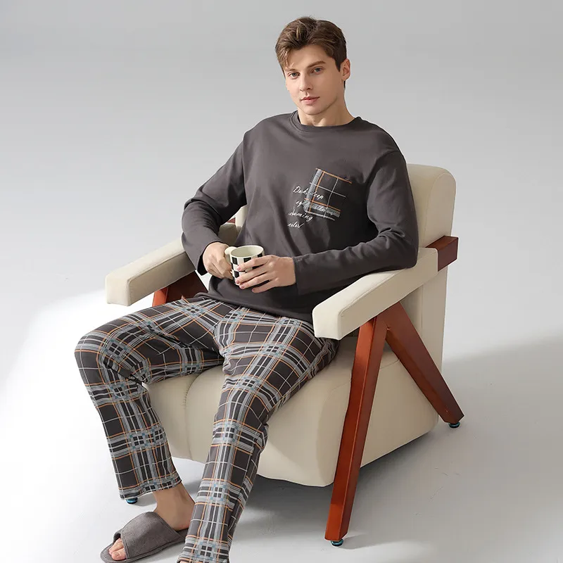 Antibacterial Cotton Men's Pajamas Long Sleeve Winter Sleepwear Soft Comfort Home Loungewear Plus Size