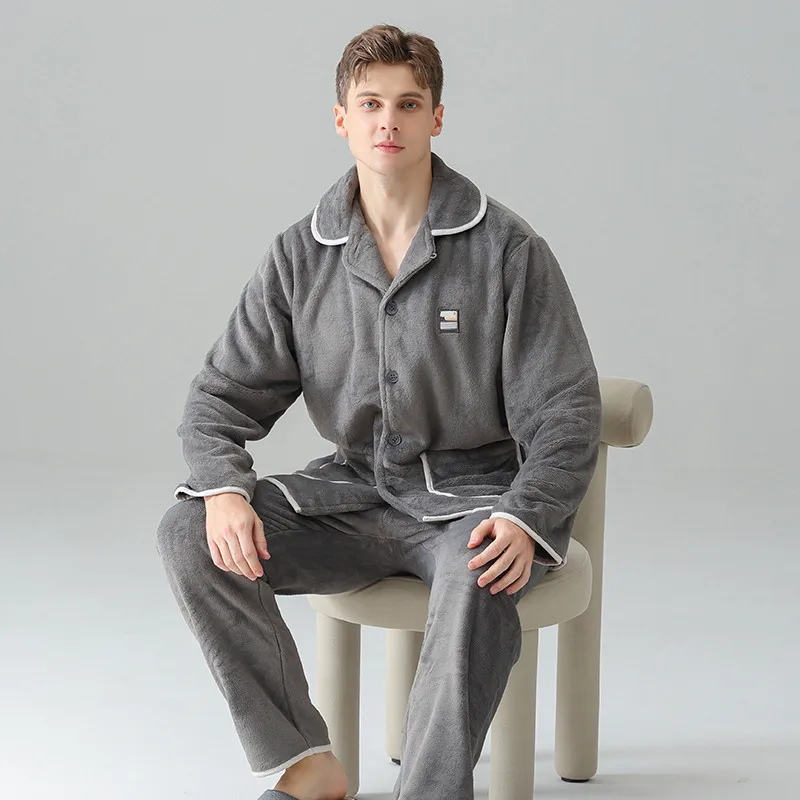 Men's Winter Thermal Flannel Pajama Set - Thickened Fleece-Lined Lounge Wear For Cold Weather, Cozy Home & Outdoor Use