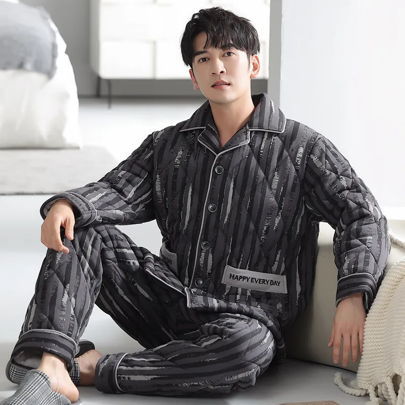 Men's Winter Thermal - Lined Coral Fleece Pajama Set With Lapel Collar, Striped Print, Long Sleeve & Plush Insulation