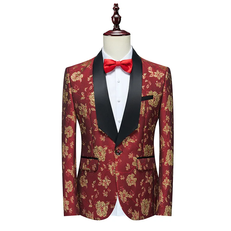 Men's Banquet Tuxedo Suit Two - Piece Set Floral Jacquard Korean Slim Fit Design Formal Evening Events Wedding Attire