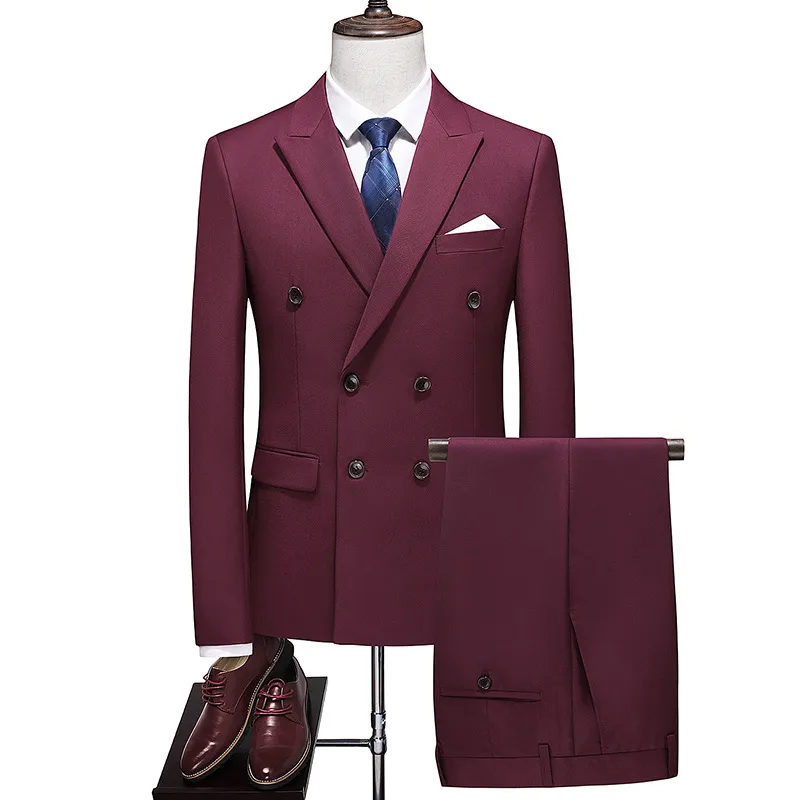 Men's Big & Tall Double - Breasted Suit Two - Piece Set, Solid Wine Red Formal Blazer With Structured Shoulders
