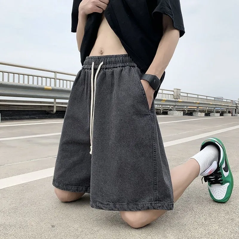 Men's Denim Shorts Summer Lightweight Loose - Fit Mid - Length Elastic Waist Washed Casual Straight Cut American Streetwear Style