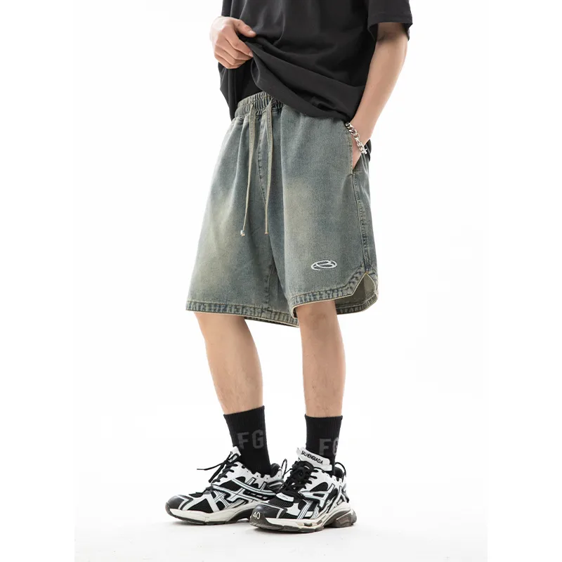 Men's Summer Loose Fit Embroidered Denim Shorts With Triangle Slit Hem, Streetwear Casual 5 - Inch Shorts