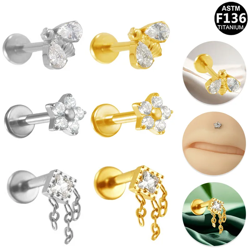 Simple Style Classic Style Flower Bee Titanium Alloy Plating Inlay Zircon 14K Gold Plated White Gold Plated Unisex Lip Stud Ear Studs