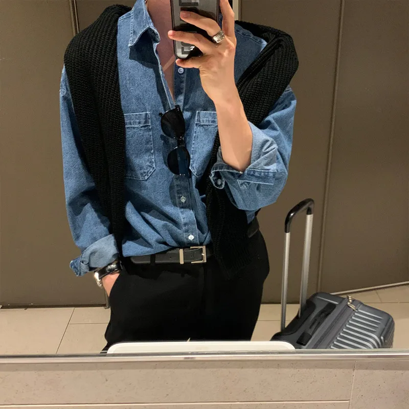 Men's Solid Color Vintage Style Turndown Long Sleeve Loose Men's Shirt