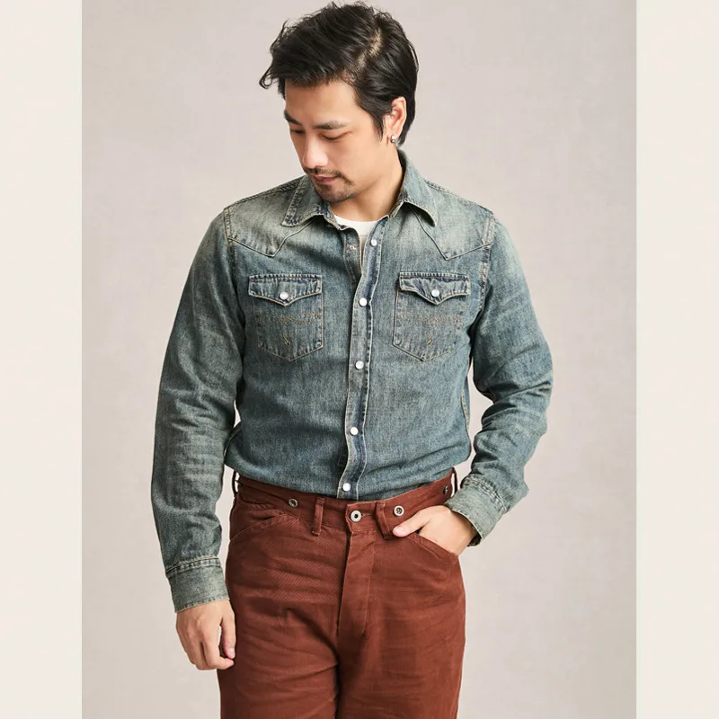 Double R Amekaji Retro Washed Denim Shirt Men's Slim Fit Distressed Cotton Button - Up Work Style