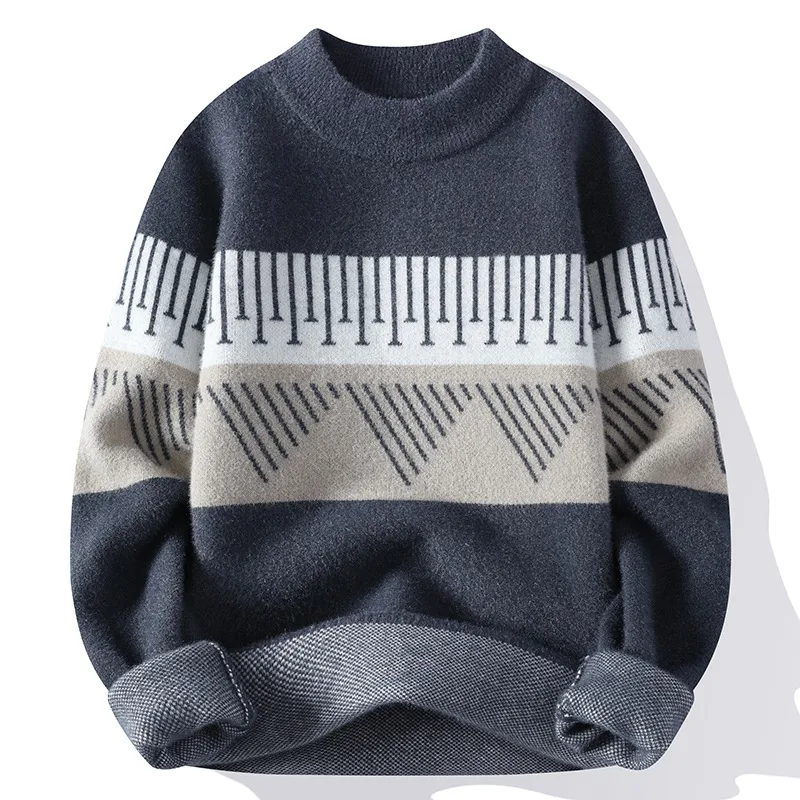 2024 One-Piece Velvet Sweater Men's Autumn And Winter Bottoming Shirt Sweater Clothes Cotton Knitwear Fleece-lined Thickened Half-High Collar Sweater