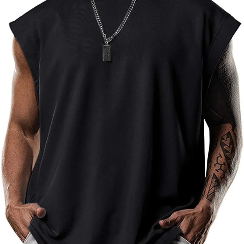 2024 Summer Men's Fitness Training Pullover Sports Leisure European And American Fashion Sleeve Hooded Vest Men's Solid Color Vest