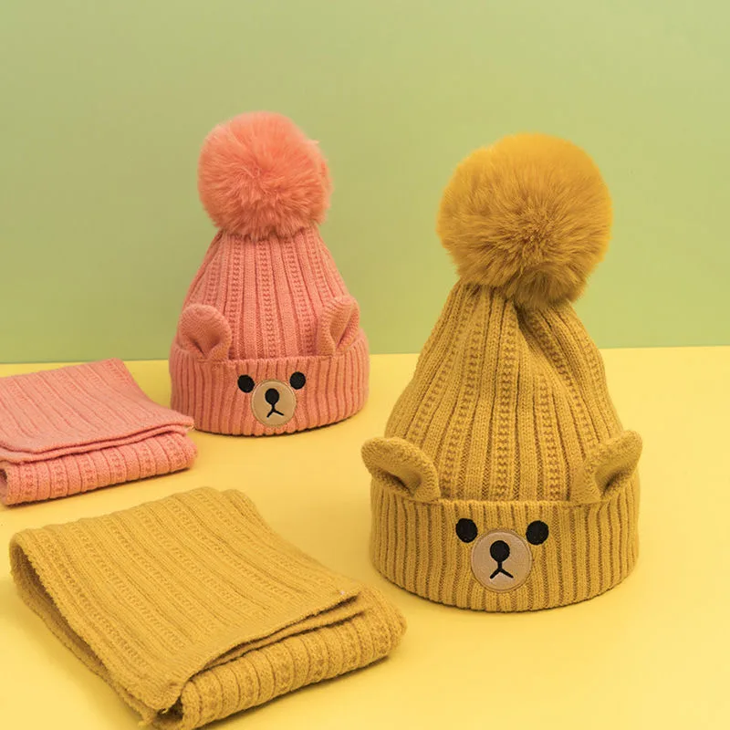 Kid'S Cute Solid Color Face Eaveless Scarf Wool Cap