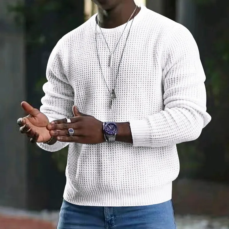 Europe And America Cross Border Men's Temu Solid Color Waffle Long-Sleeved T-shirt Amazon Spring And Autumn New Round Neck Top Men