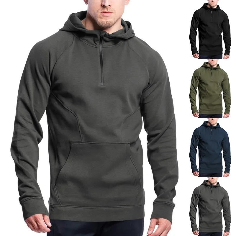 Men's Casual Autumn Winter Fleece - Lined Hooded Sweatshirt With Stand Collar, Half - Zip & Color Block Design