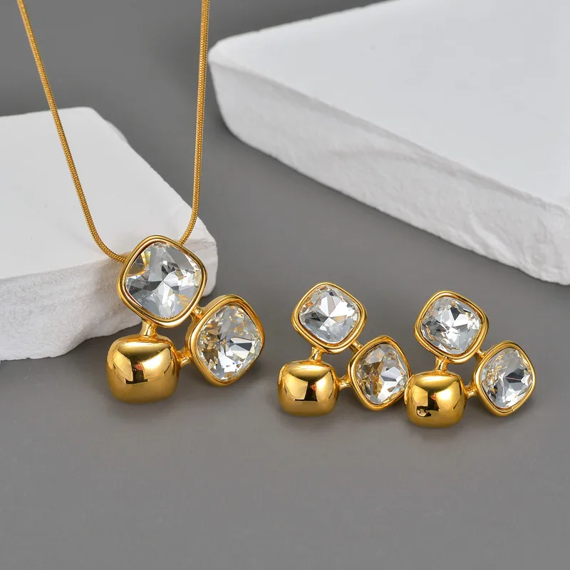 Vacation Simple Style Square 304 Stainless Steel Inlay Zircon Women's Earrings Necklace