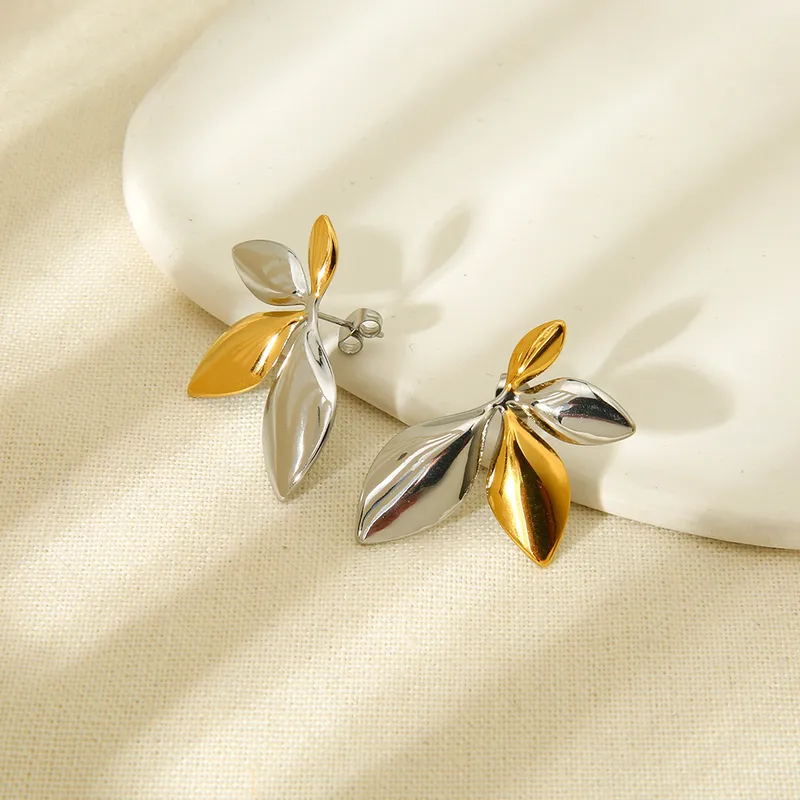 1 Pair Modern Style Leaf Mixed Metal Plating 304 Stainless Steel 18K Gold Plated Ear Studs