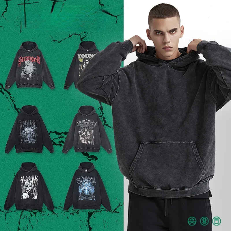 2024 Autumn And Winter Batik 400G Cotton Hooded Sweater Washed Loose Fashion Brand Remake Men's Pullover Sweater