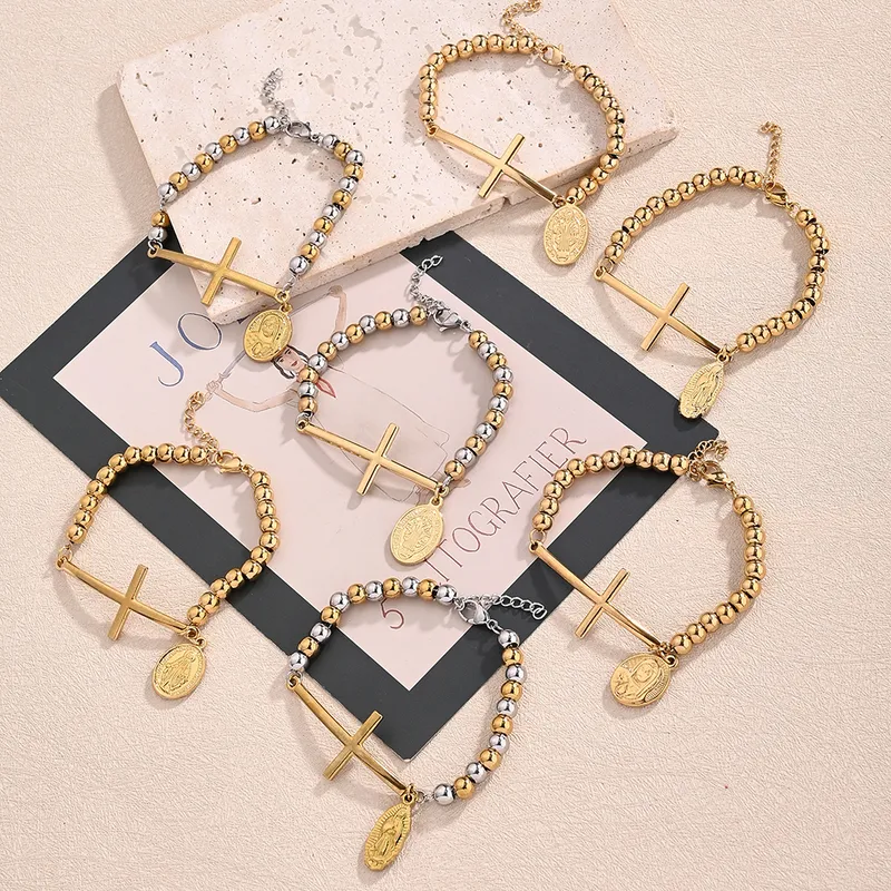 Casual Religion Simple Style Cross Virgin Mary Priest 304 Stainless Steel Handmade Polishing 18K Gold Plated Unisex Bracelets