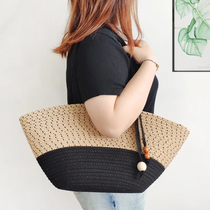 Women's Large Cotton Color Block Streetwear Weave Dumpling Shape Open Tote Bag