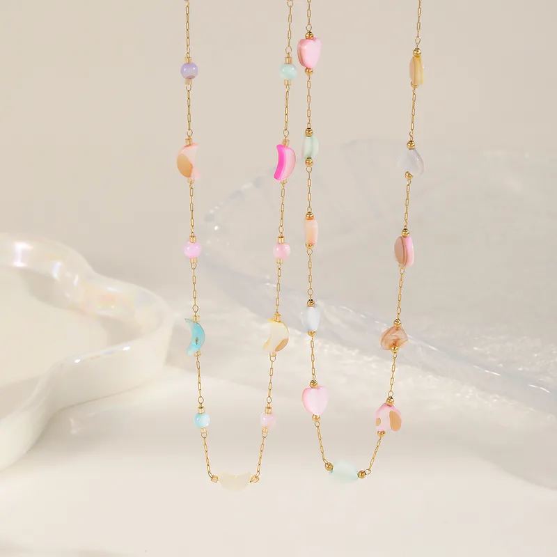 Casual Cute Simple Style Moon Heart Shape 304 Stainless Steel Plating Inlay Acrylic Plated With KC Gold Valentine'S Day Women's Necklace